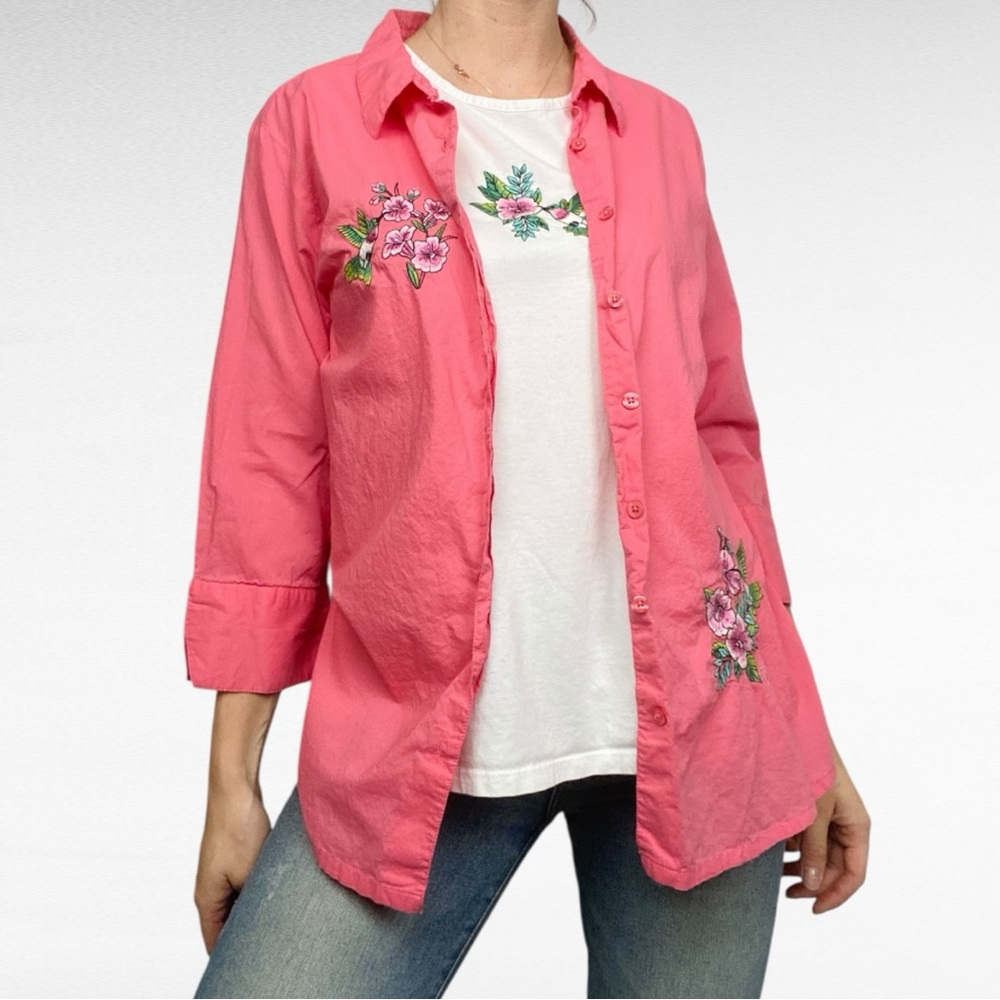 VINTAGE | Collections Etc. | Coral 2-Piece Embroidered Floral Shirt & Tank Set